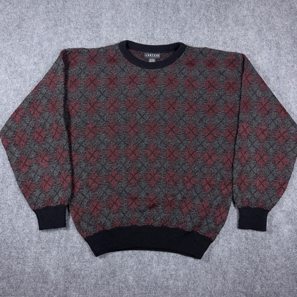 Vintage Jantzen Sweater Mens L Red Grey Argyle Diamond Knit Crewneck